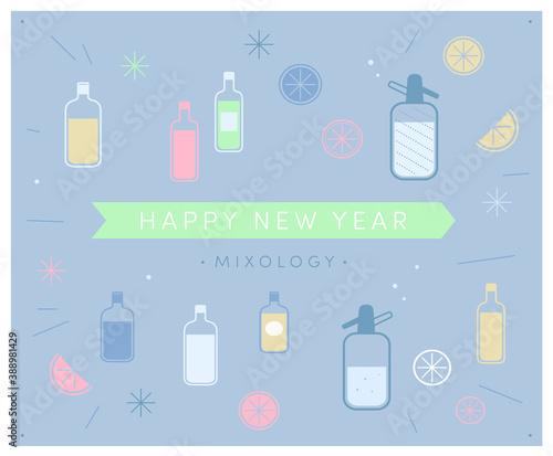 Happy New Year Mixology! Non alcoholic drink mixing icons graphic design elements vector illustration. Fun cocktail mocktail soda bottle with liquid. Cut lemons oranges citrus fruit. Cool pastel retro