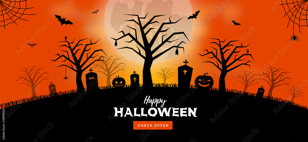 Halloween background - Cemetery background with pumpkins, bats and tombstones