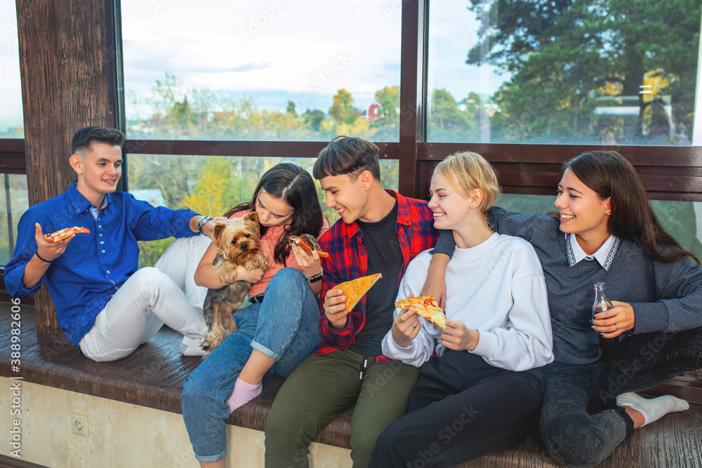 Group of friends young happy with a pet dog eating pizza sitting on a window in the house