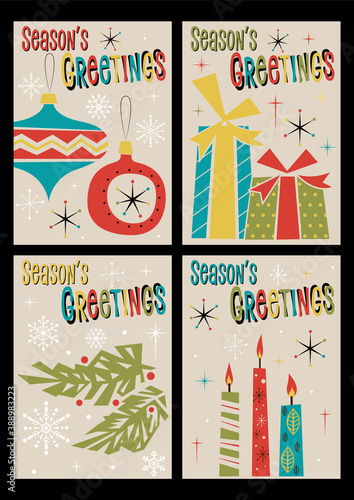 Season's Greetings, Mid Century Modern Christmas Greeting Cards Style Illustration Set, Christmas Decorations, Tree, Gift Boxes, Candles
