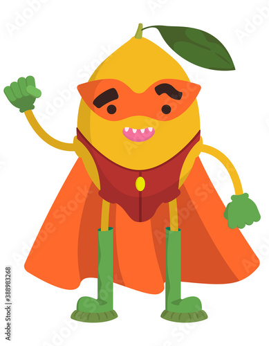 Funny fruit superhero. Lemon in cartoon style.