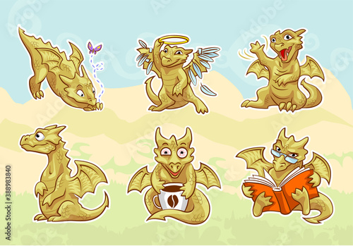 cute golden dragon stickers set, emotions and activities