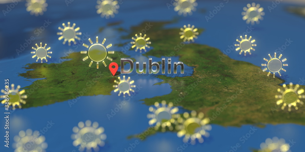 Fototapeta premium Dublin city and sunny weather icon on the map, weather forecast related 3D rendering