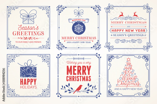 Ornate Merry Christmas greeting cards. Trendy square Winter Holidays art templates