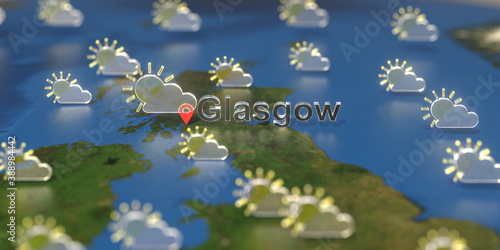 Glasgow city and partly cloudy weather icon on the map  weather forecast related 3D rendering