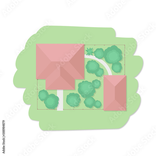 Top view oh house roof and fence yard, aerial view of property,  two buildings from above, trees and paths vector