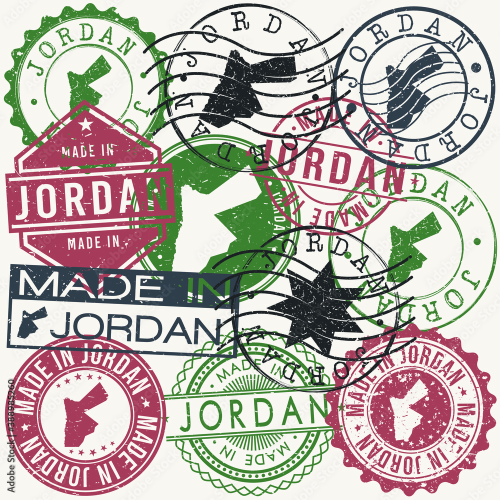 Jordan Set of Stamps. Travel Passport Stamp. Made In Product. Design Seals Old Style Insignia. Icon Clip Art Vector. Jordan Set of Stamps. Travel Passport Stamp. Made In Product. Design Seals Old Style Insignia. Icon Clip Art Vector.