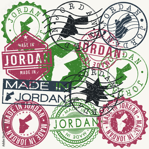 Jordan Set of Stamps. Travel Passport Stamp. Made In Product. Design Seals Old Style Insignia. Icon Clip Art Vector.