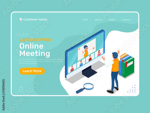 Online education with isometric character do virtual meeting in computer. Isometric landing page illustration template. Vector