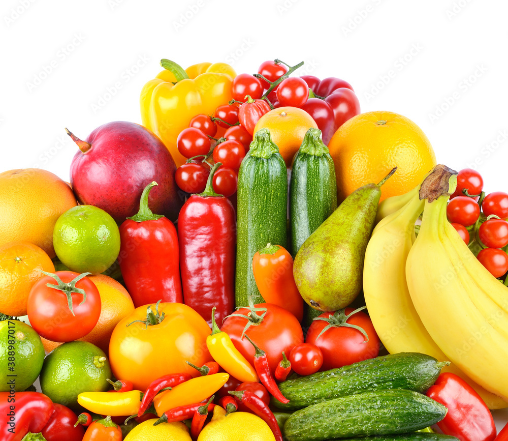Set bright ripe fruits and vegetables isolated on white Set bright ripe fruits and vegetables isolated on white