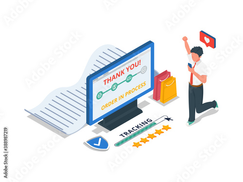 Happy male tracking order status in mobile phone and computer screen. Isometric e-commerce process illustration concept with character. Vector