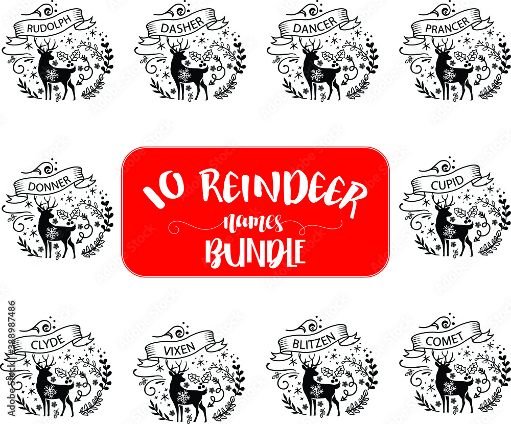 Fototapeta premium Reindeer Names Vector Illustrations Bundle