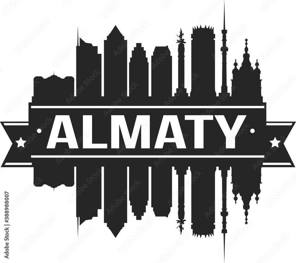 Almaty Kazakhstan Skyline Silhouette City Vector Design Art Stencil. Almaty Kazakhstan Skyline Silhouette City Vector Design Art Stencil.