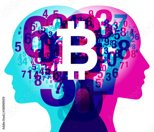 A male and female side silhouette positioned back to back, overlaid with various sized semitransparent numbers. A solid white “Bitcoin” currency symbol is placed between the 2 figures.