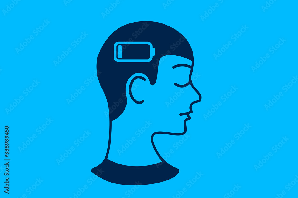 Fatigue man illustration. A discharged battery in a head of a sad man. Line art book illustration. Blue background. Fatigue man illustration. A discharged battery in a head of a sad man. Line art book illustration. Blue background.