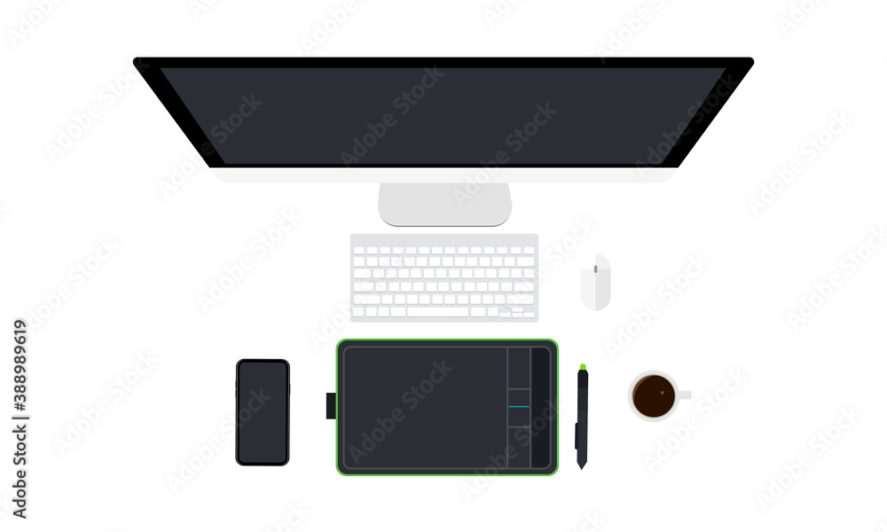 Top view designer workspace with PC, keyboard, phone, graphic tablet and stylus, coffee mug, computer mouse, isolated on white background. Vector illustration Top view designer workspace with PC, keyboard, phone, graphic tablet and stylus, coffee mug, computer mouse, isolated on white background. Vector illustration