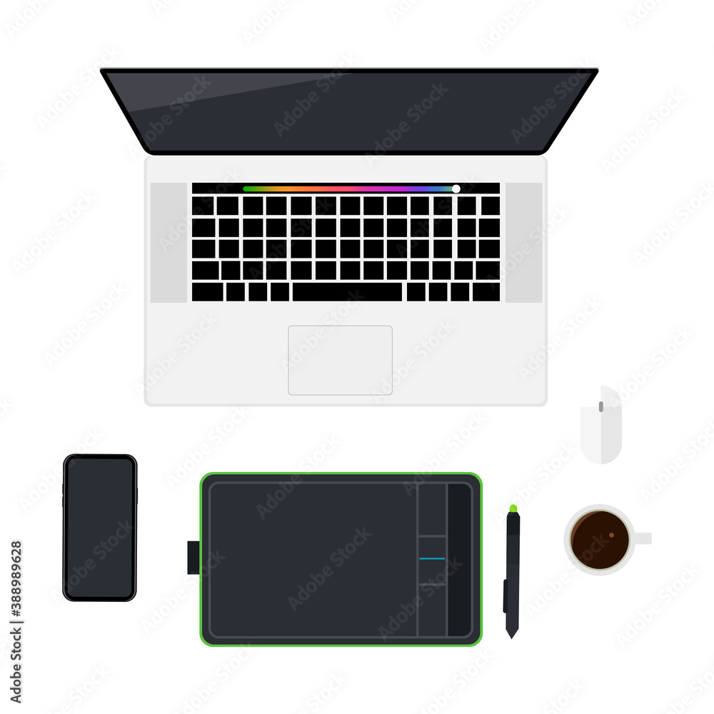 Top view designer workspace with laptop, smartphone, graphic tablet and stylus, coffee mug, computer mouse, isolated on white background. Vector illustration Top view designer workspace with laptop, smartphone, graphic tablet and stylus, coffee mug, computer mouse, isolated on white background. Vector illustration