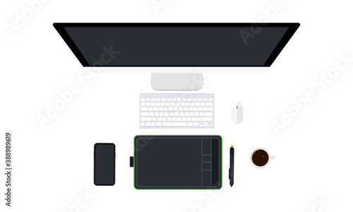 Top view designer workspace with PC, keyboard, phone, graphic tablet and stylus, coffee mug, computer mouse, isolated on white background. Vector illustration