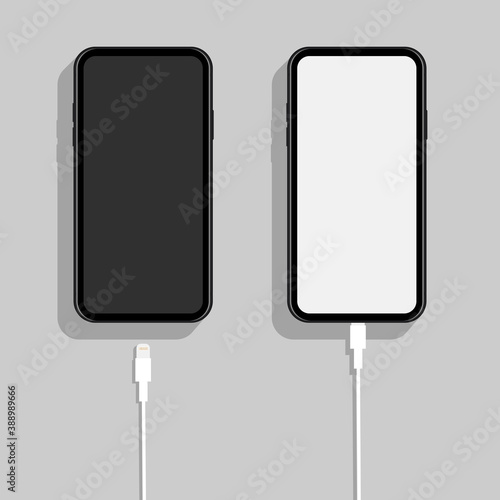 Smartphone with charger cable. Concept of charging mobile phone. Vector illustration