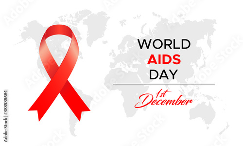 Illustration for World Aids Day with red ribbon, handwriting text and map isolated on white background