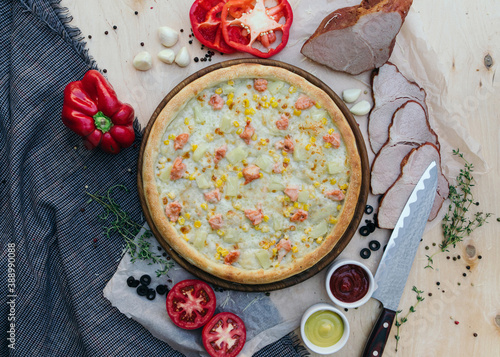 Tasty italian pizza made from an authentic recipe. Mozzarella topping mealted on top. Sauce aside. Professional product photography. photo