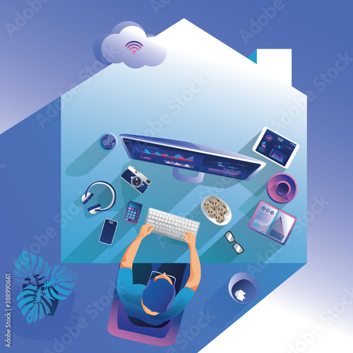 Work from home concept, Top view Young people, man and woman freelancers working on laptops at home. People at home remote work businessmen Staying home Distance, home office, vector illustration 