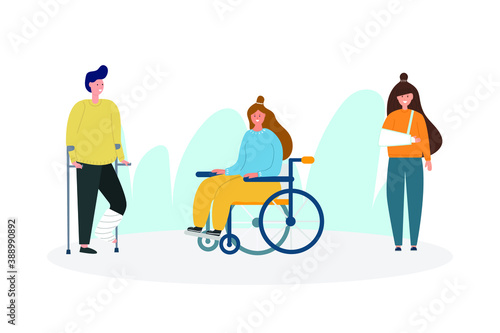 Set of images of man with cast on his leg, girl in wheelchair, woman with broken arm. Flat illustration.