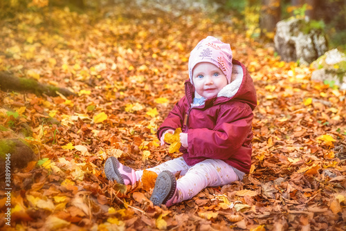 Happy liitle baby sitting on colorful leaves in forest