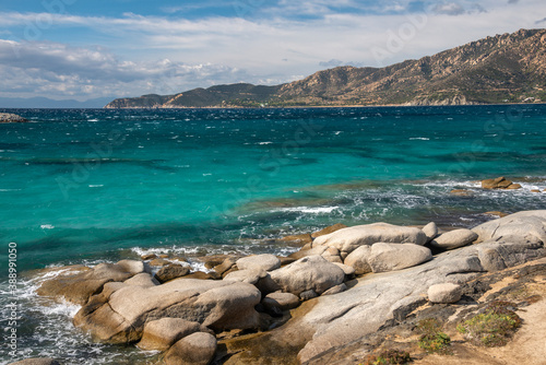 emerald water and mistral in del riso beach, Villasimius