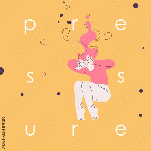 Pressure concept illustration with woman drowning in the depression. Lettering with lowercase letters. Vector mental health and problems scene