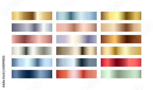 Metal chrome gradient color set. Metallic rose gold, bronze, silver, elegant blue, green, golden swatches palette. Vector shiny background collection for border, frame, label, web, design