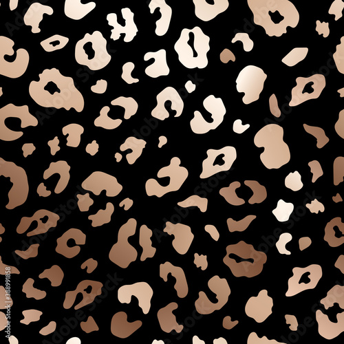 Vector Trendy rose gold leopard abstract seamless pattern. Wild animal cheetah skin pink golden metallic texture on black background for fashion print design, textile, cover, wrap, wallpaper