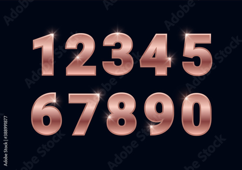 Rose gold shiny numbers set, metal font signs isolated on black background. Luxury fashion pink golden typography design for decoration, design, web, advert, greeting card. Vector illustration