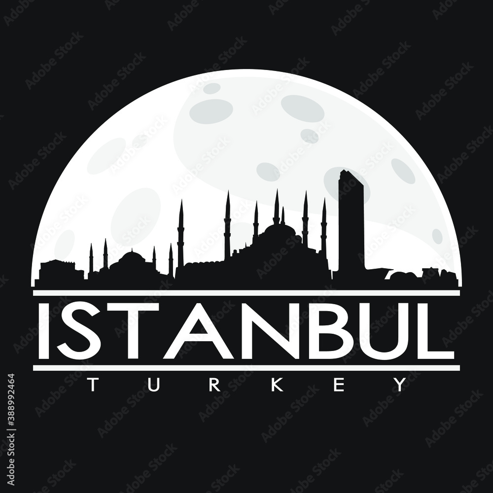 Istanbul Turkey Full Moon Night Skyline Silhouette Design City Vector Art.