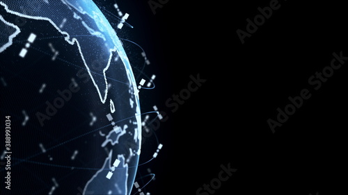Digital earth data globe - abstract 3D rendering satellites starlink video network connection the world. satellites create oneweb or skybridge surrounding planet conveying complexity big data flood