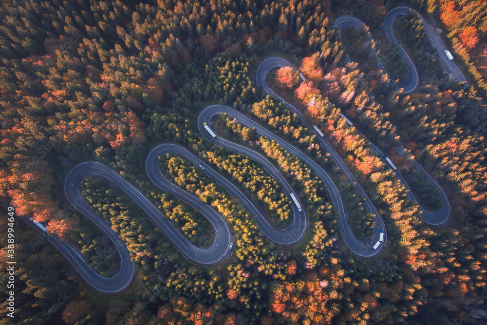 Aerial view of a serpent road at Cheia, Romania, in the heart of Transylvania