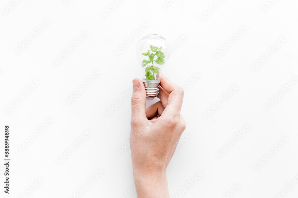 Hand holds light bulb with grass inside - green energy concept, top view