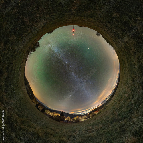 360-degree panorama and sky of the Milky Way, Airglow, Zodiacal light, Planet Mars, Orion. photo