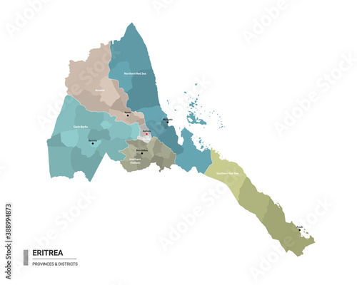 Eritrea higt detailed map with subdivisions. Administrative map of Eritrea with districts and cities name, colored by states and administrative districts. Vector illustration with editable and labelle