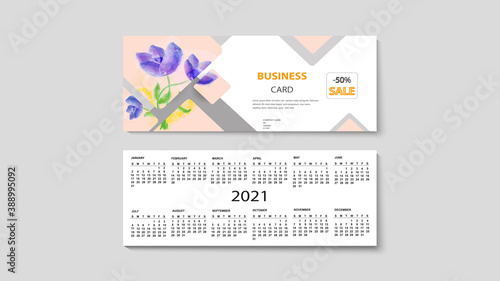 ector illustration of business card and calendar 2021. Modern design, template. business advertising. EPS 10.