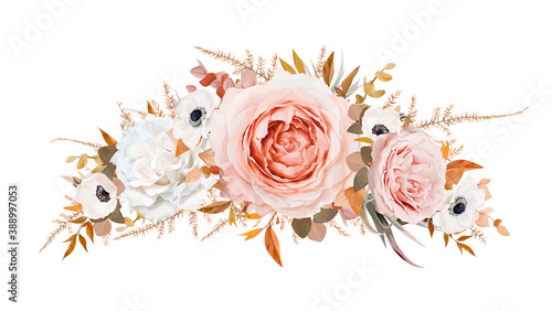 Romantic stylish vector floral wreath, garland bouquet design. Blush peach, pale pink Roses, ivory white anemone flowers, taupe brown orange fall Eucalyptus branch, ocher fern leaves. Editable element