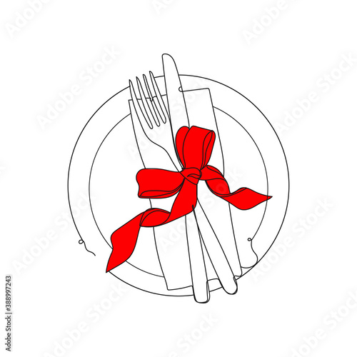 Table setting for holiday dinner - one line drawing. Vector illustration continuous line drawing.Christmas table setting with red ribbon