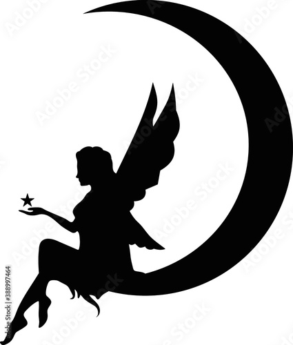 cartoon girl. a fairy sitting on the moon . wings doll on the Crescent moon. dreams. a stencil and sandblasting
