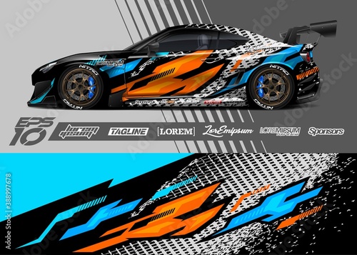 Car livery design vector. Graphic abstract stripe racing background designs for vehicle, race car, rally, adventure.