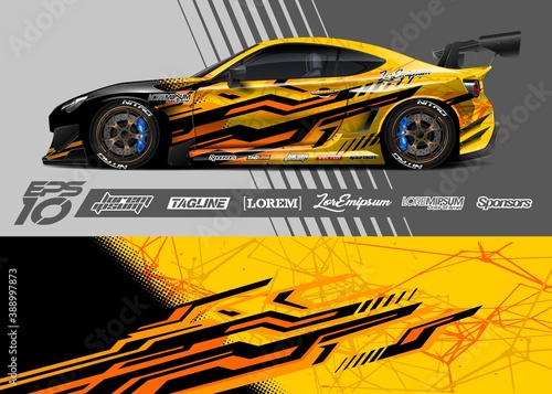 Car livery design vector. Graphic abstract stripe racing background designs for vehicle, race car, rally, adventure.