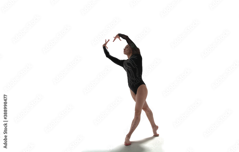 Female gymnast doing a complicated trick isolated on white. Female gymnast doing a complicated trick isolated on white.