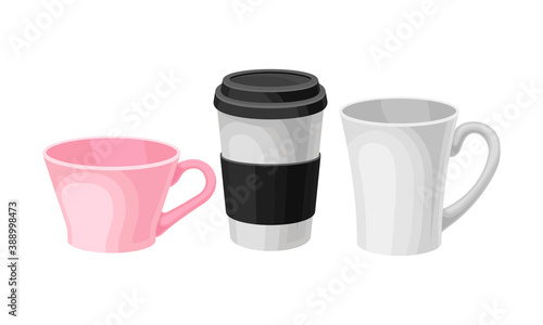 Ceramic Cups with Handle and Coffee Paper Cup for Drinking Vector Set