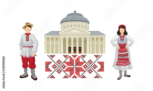 Romanian Traditional Architecture and Male and Female Clothing Fashion Vector Set