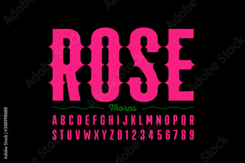 Rose thorns style condensed font, alphabet letters and numbers, vector illustration
