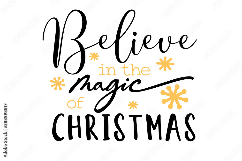 Believe in the magic of Christmas. Hand drawn Christmas quote. Typography for Christmas card, design, quote. Vector isolated